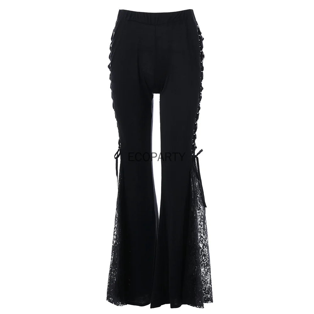

Gothic Flare Pants Lace Up Patchwork Slim Trousers Fashion Bandage Side See Through Europe Style Casual Bellbottoms Women