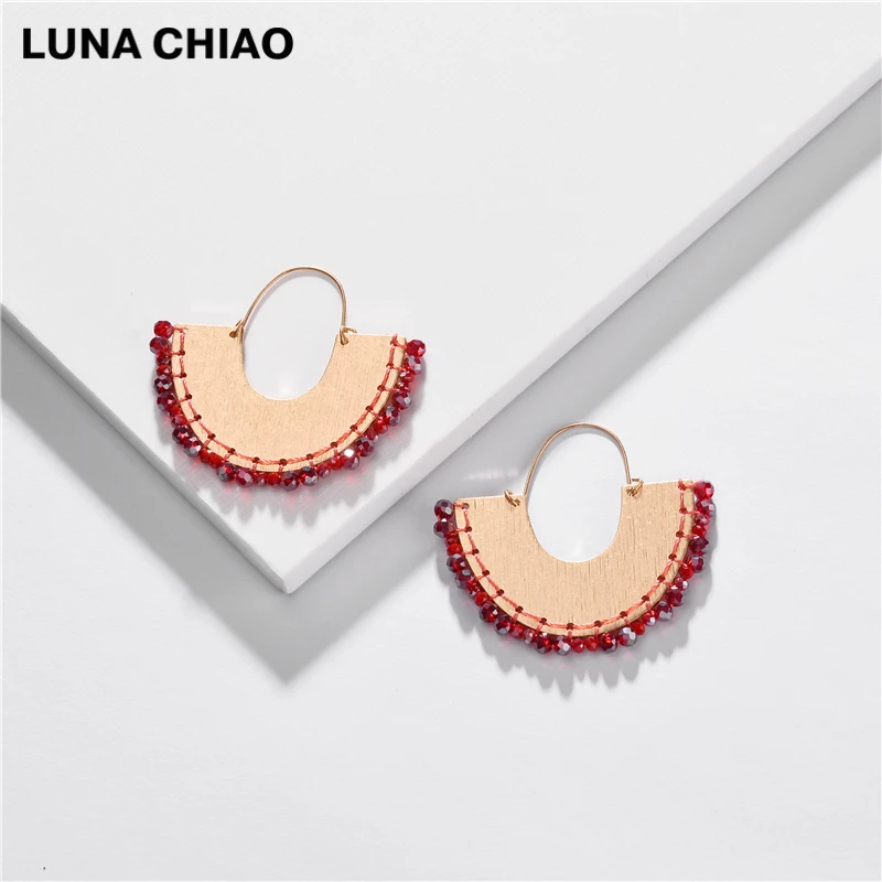 LUNA CHIAO модные ювелирные изделия для женщин веер бахромой серьги-кольца из металла стеклянные бусы плетеные Boho массивные серьги