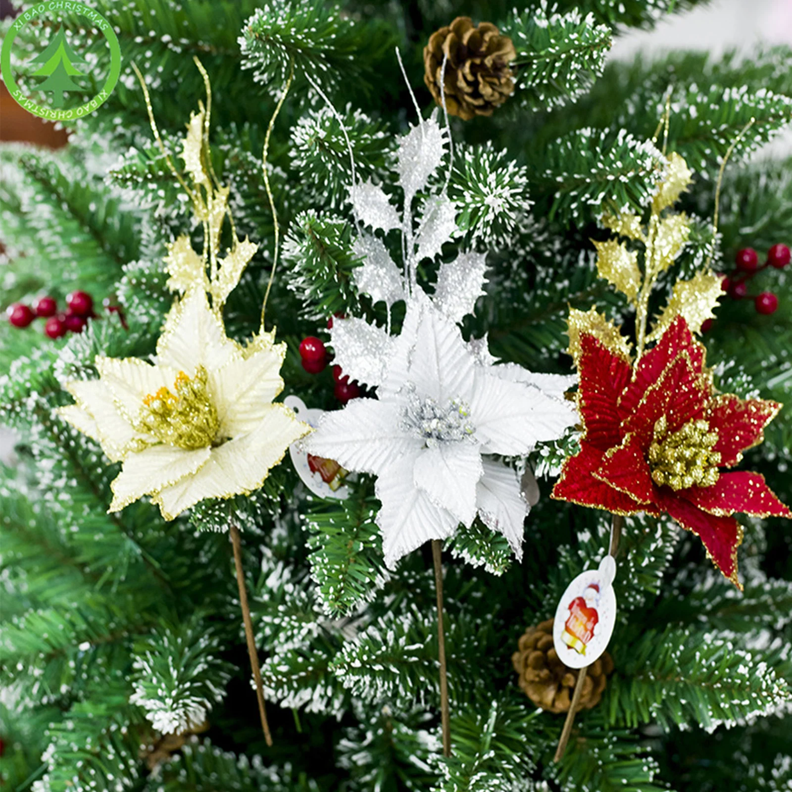 

35cm Artificial Flower Leaves Christmas Tree Ornaments Gold Powder Polyester Length Colorful More Color Cloth Decorations