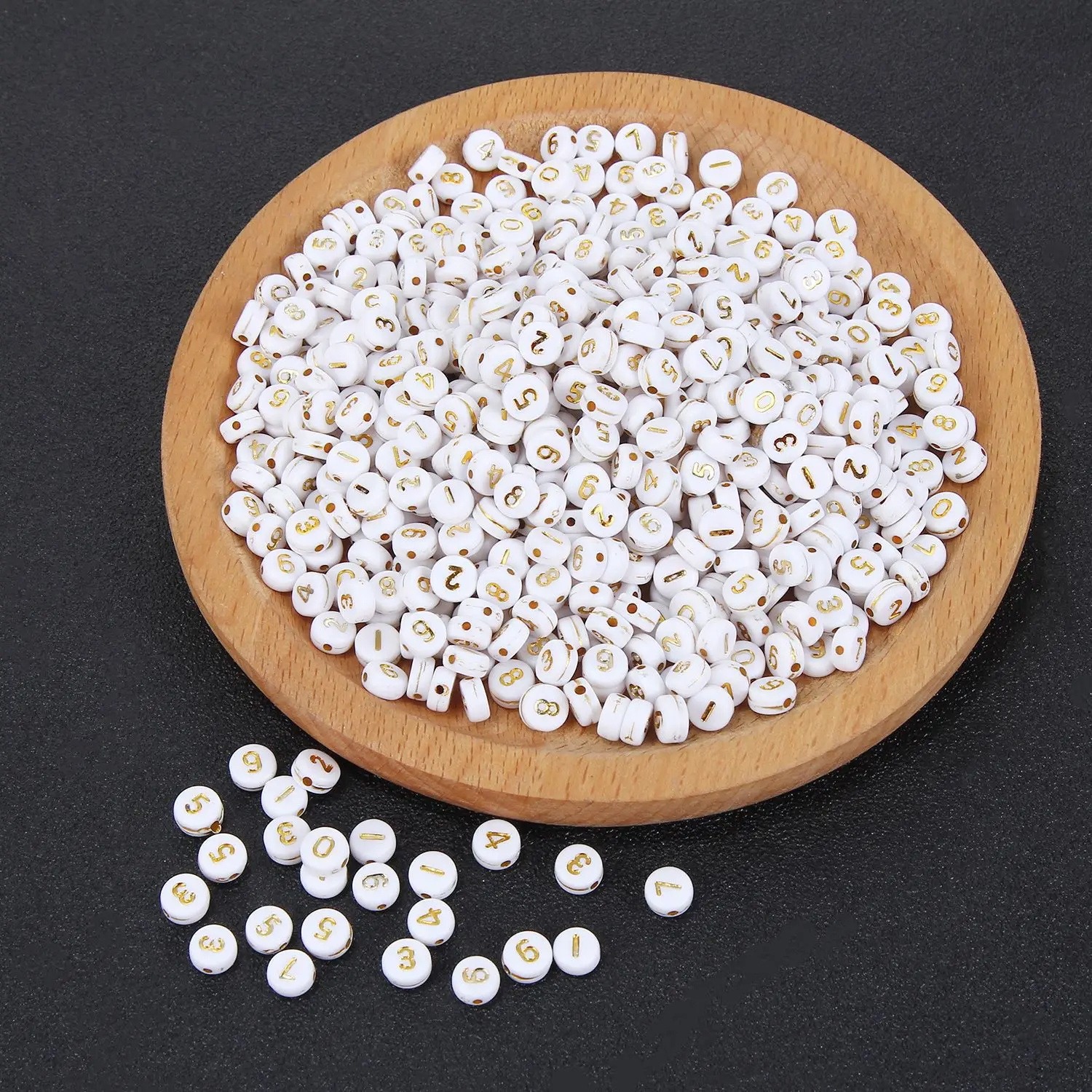 

100 шт./лот 7*4 мм, Горизонтальное отверстие, золотые, белые бусины с цифрами, акриловые Круглые бусины для самостоятельного изготовления ожере...