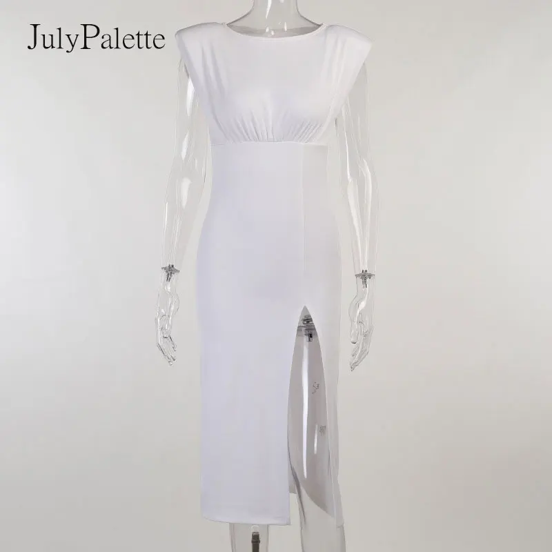

Julypalette Sexy High Waist Split Sleeveless Women Dress Elegant Office Ladies Bodycon Midi Dress Cotton Slim Party Vestidos