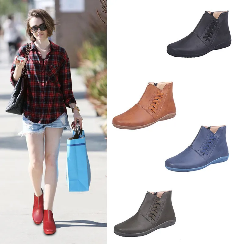 

Women PU Leather Ankle Boots Women Autumn Winter Zipper Vintage Women Punk Boots Flat Ladies Shoes Flat Short Snow Boots Mujer