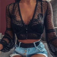 ladies lace see through blouse polka dot lantern sleeve v neck button crop tops women casual sexy shirt top s xl