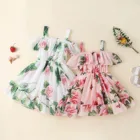 Новинка 2021, Повседневное платье-комбинация для маленьких девочек с цветочным принтом и оборками, вечернее платье принцессы, летняя модная детская одежда