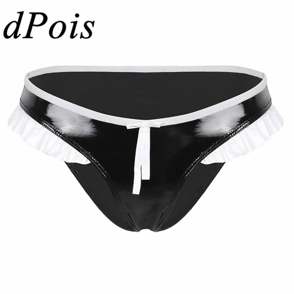 

Womens Wet Look Faux Leather Briefs Lingerie Ruffled Brim Bikini Briefs Underwear Sexy Ladies Women Low Rise Panties Underpants