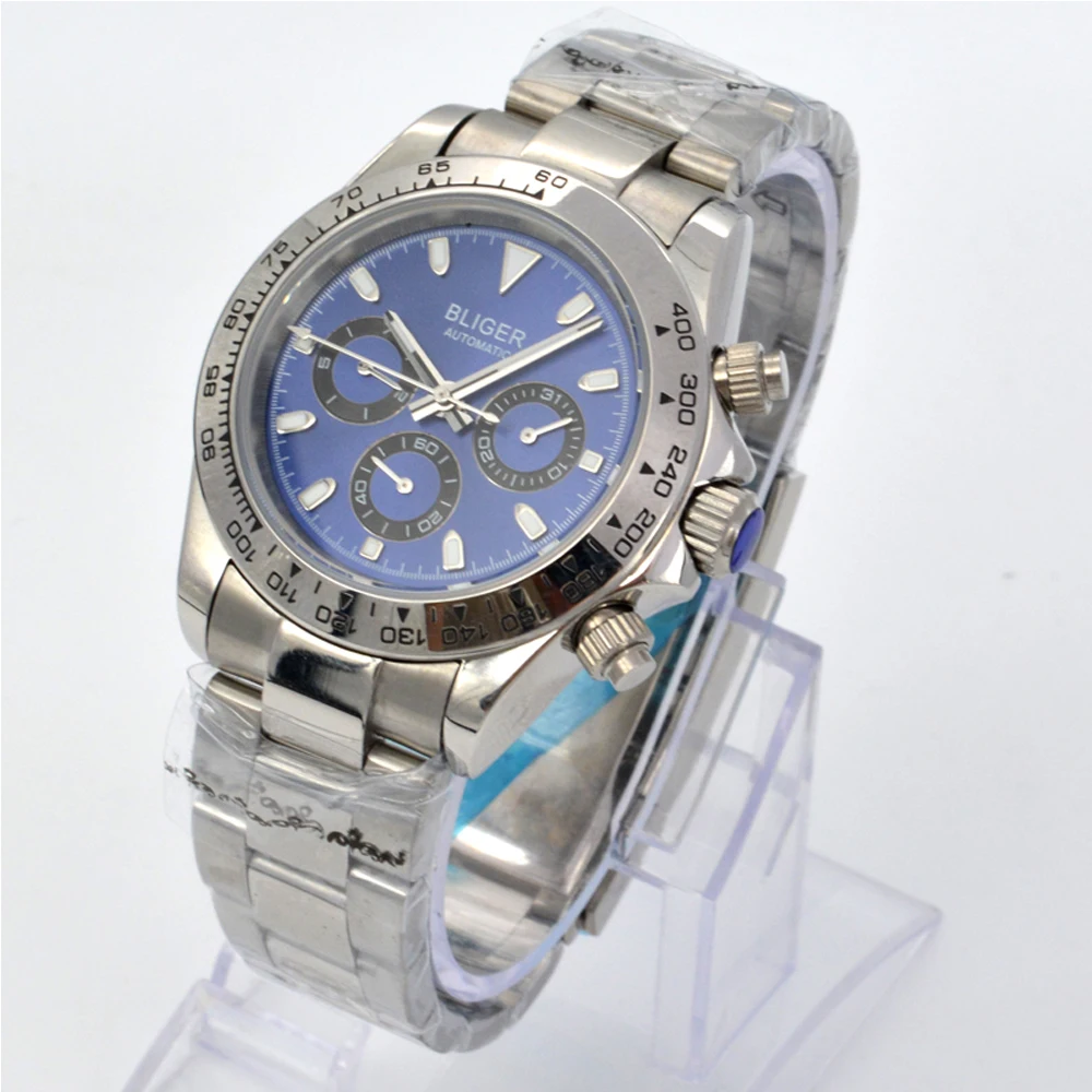 Bliger 39 мм новые мужские роскошные часы с синим циферблатом и стальным ободком