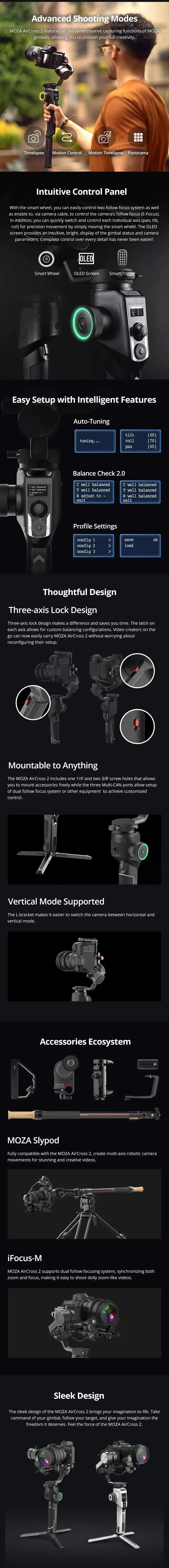 MOZA Aircross 2 3 оси ручной карданный стабилизатор 3,2 кг Полезная нагрузка DSLR беззеркальная камера sony A6000 RX100 A7 серии панорамная