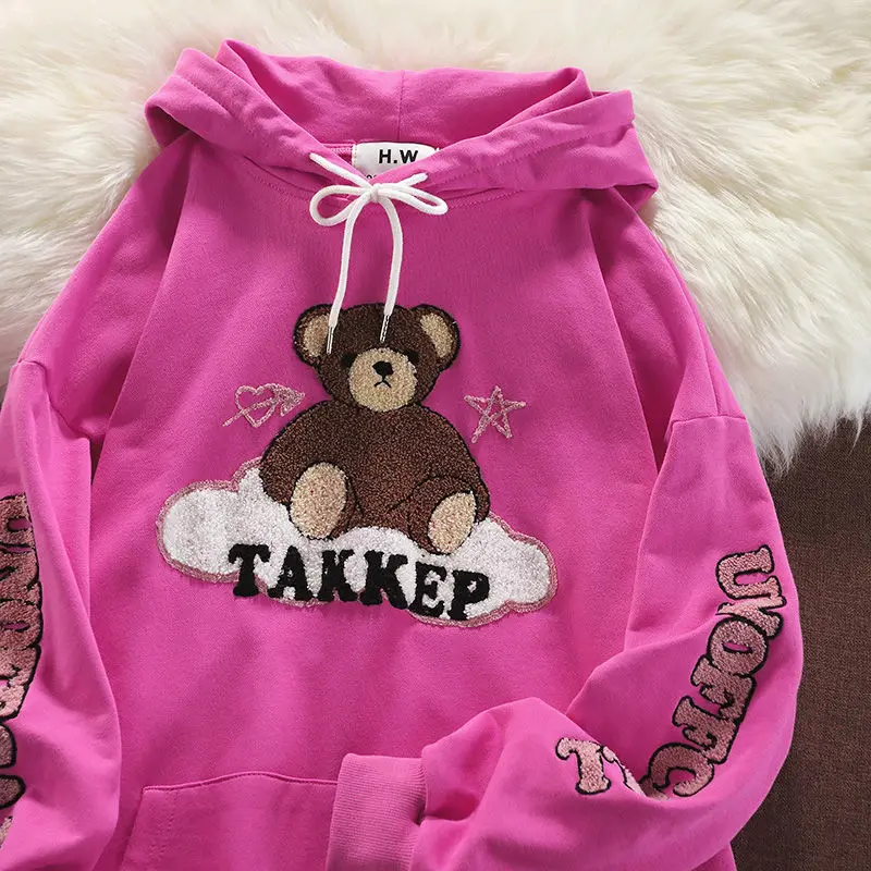 

American Vitnage Chic Bear Letter Embroidery Hoodie Women Sweatshirt Long Sleeve Tops Streetwear 2021 New Fashion Teens Clothes