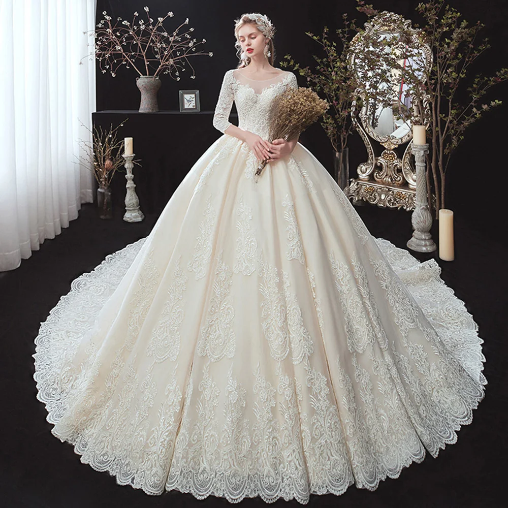 

New Pearls All Over Appliques Princess Ball Gown Wedding Dress With Chapel Train Robe Mariage Half Sleeve Bride Dresses Alibaba