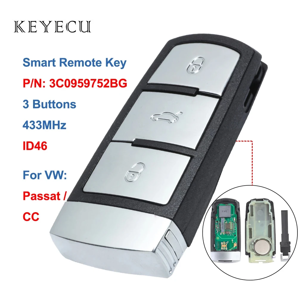 Keyecu 3C0 959 752 BG умный дистанционный ключ брелок от машины 3 кнопки 433 МГц PCF7936 ID46 для VW