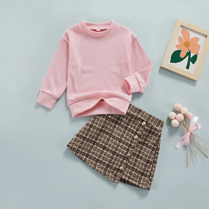 

Юбка для маленьких девочек, однотонный пуловер с длинным рукавом и круглым вырезом + клетчатая юбка на пуговицах с рисунком, комплект для 1-6 ...