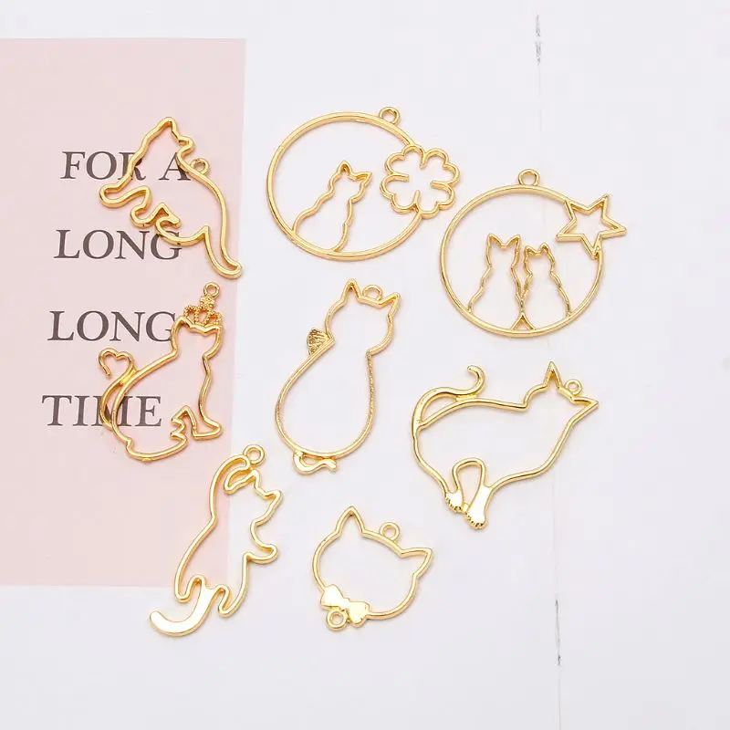 

8 Piece Cute Cat Pendant, Metal Frame, Jewelry Making, UV Resin Charms, Bezel Setting