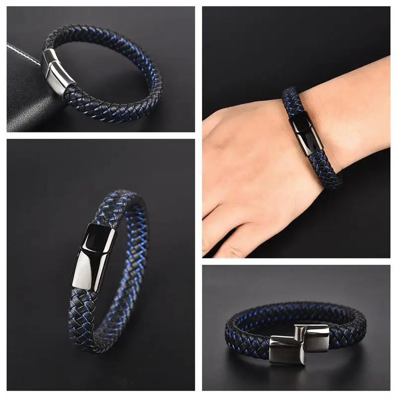 Мужской кожаный браслет с магнитной застежкой из нержавеющей стали | Украшения и