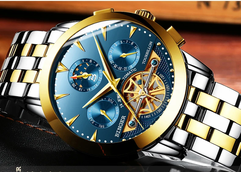 Швейцарские роскошные мужские часы Бингер бренд Tourbillion механические часы сапфировые полностью из нержавеющей стали часы мужские B1188-6