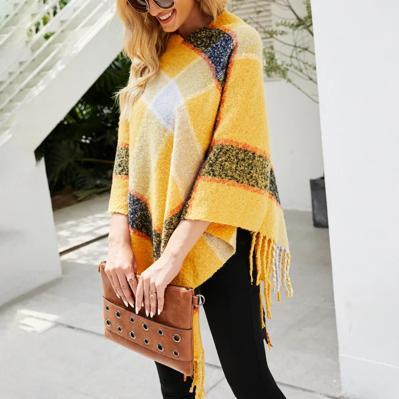 

Fashion Women's Shawl Cloak Sweater New Casual Hot Sale V-neck Pullover Plaid Stitching Loose Tassel Knitted Sweater