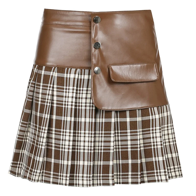 

Fashion Women Patchwork Pleated Skirt Sexy Young Girl PU Leather High Waist Pocket Buttoned Check Pattern Mini Skirt Streetwear