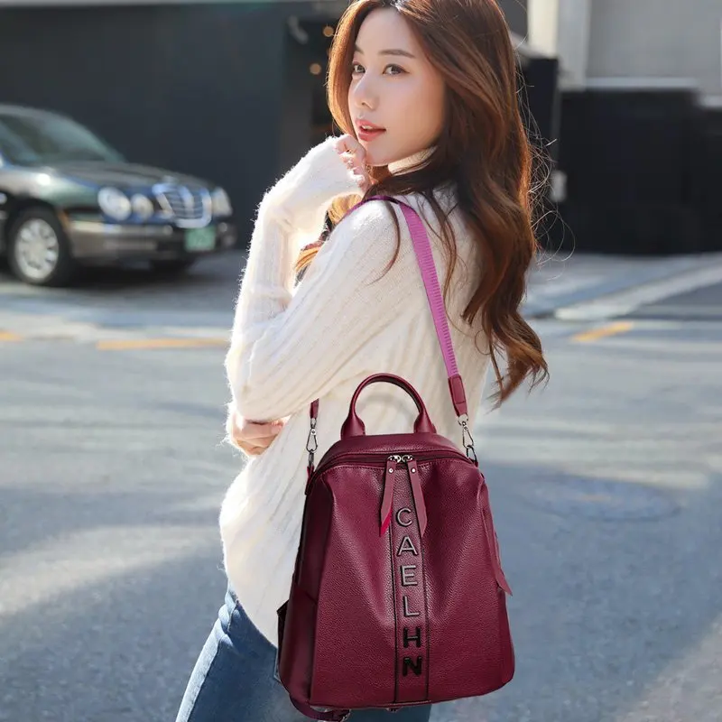 

LU FAWN 2021 New Retro Fashion Backpack PU Soft Leather Luxury Simple Shoulder Bag Black Red Large Capacity Women's Bag9996