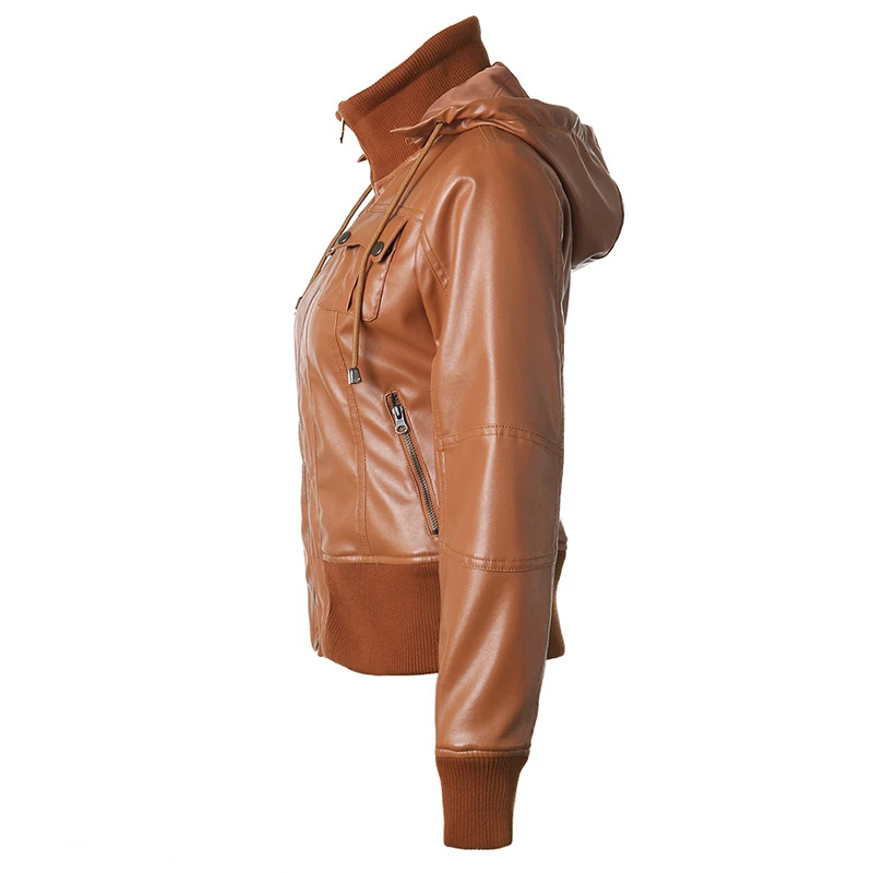 Женская мотоциклетная куртка осенняя из искусственной кожи с капюшоном