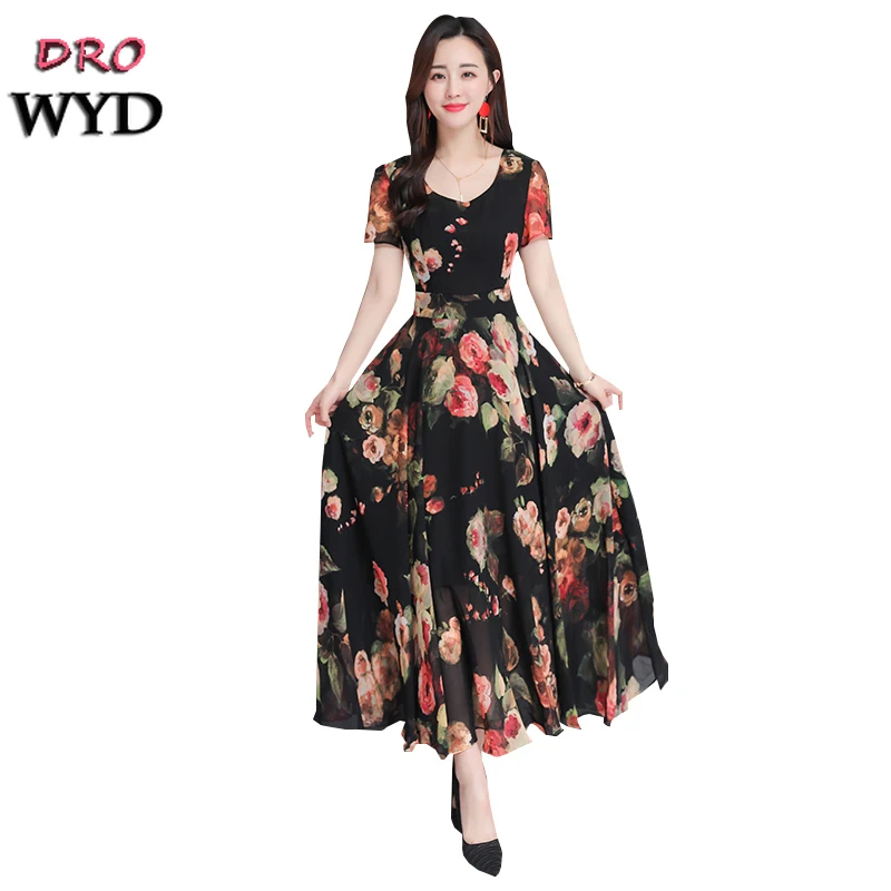 

Hot Women Chiffon Print Maxi Dress Plus Size Casual O-neck Big Swing Short Sleeve Dye Boho Elegant Party Robe Dresses Vestidos