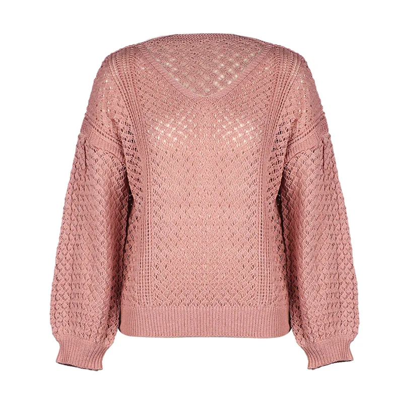 

2020 Autumn New Hot Women's Solid Color Loose Knitted Upper Clothes Sexy V-Neck Hollow Fashion Sweater Two Colors Are Available