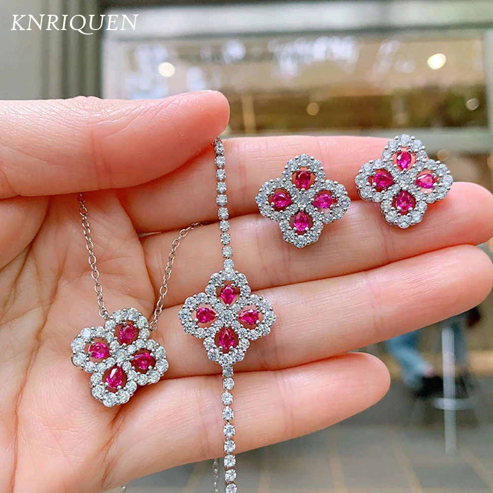 

Charms 925 Sterling Silver Four Leaf Clover Necklace Earrings Bracelet for Women Luxury Created Ruby Wedding Jewelry Sets Gift