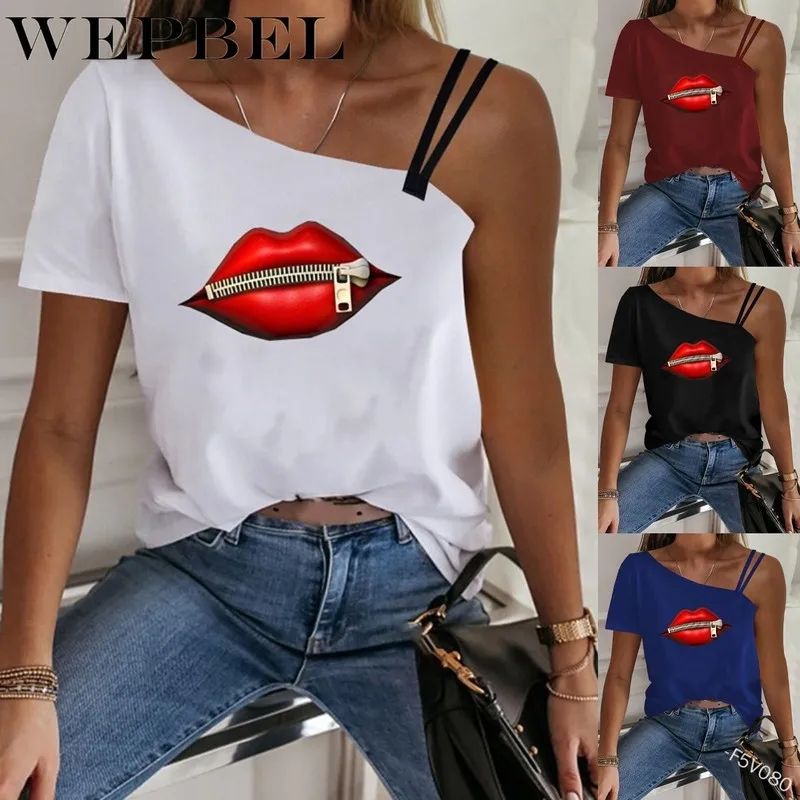 

WEPBEL Women Summer Loose Zipper Lips Print Shirt Casual Short Sleeve Skew Collar Top Plus Size S-5XL