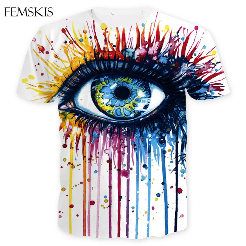 

FEMSKIS Big Eye T-shirts Men Women New Fashion Shirt Short Sleeves Funny Oil Painting Printed T Shirt Hip Hop Tops Plus Size