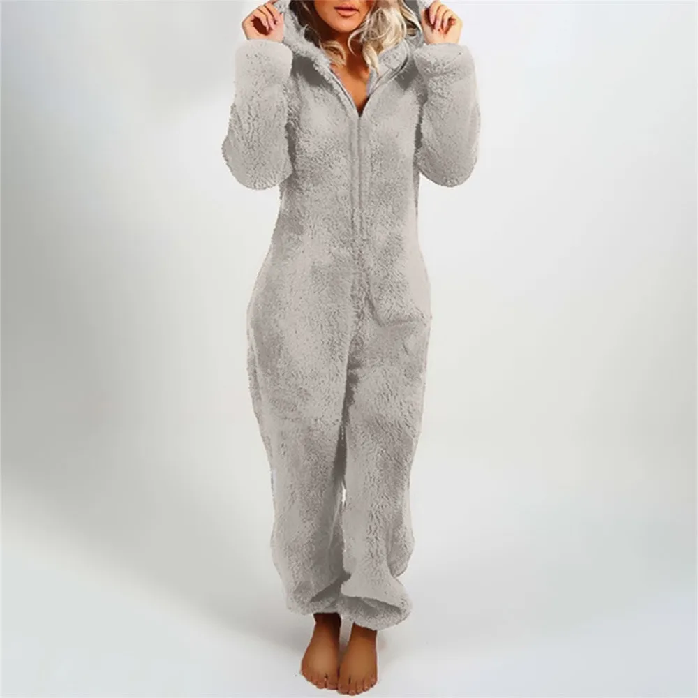 

New Winter Warm Women Plush Jumpsuit Romper Pajamas Coral Velvet Long-Sleeve Zipper Hooded Sleepwear Female Clothes 2020