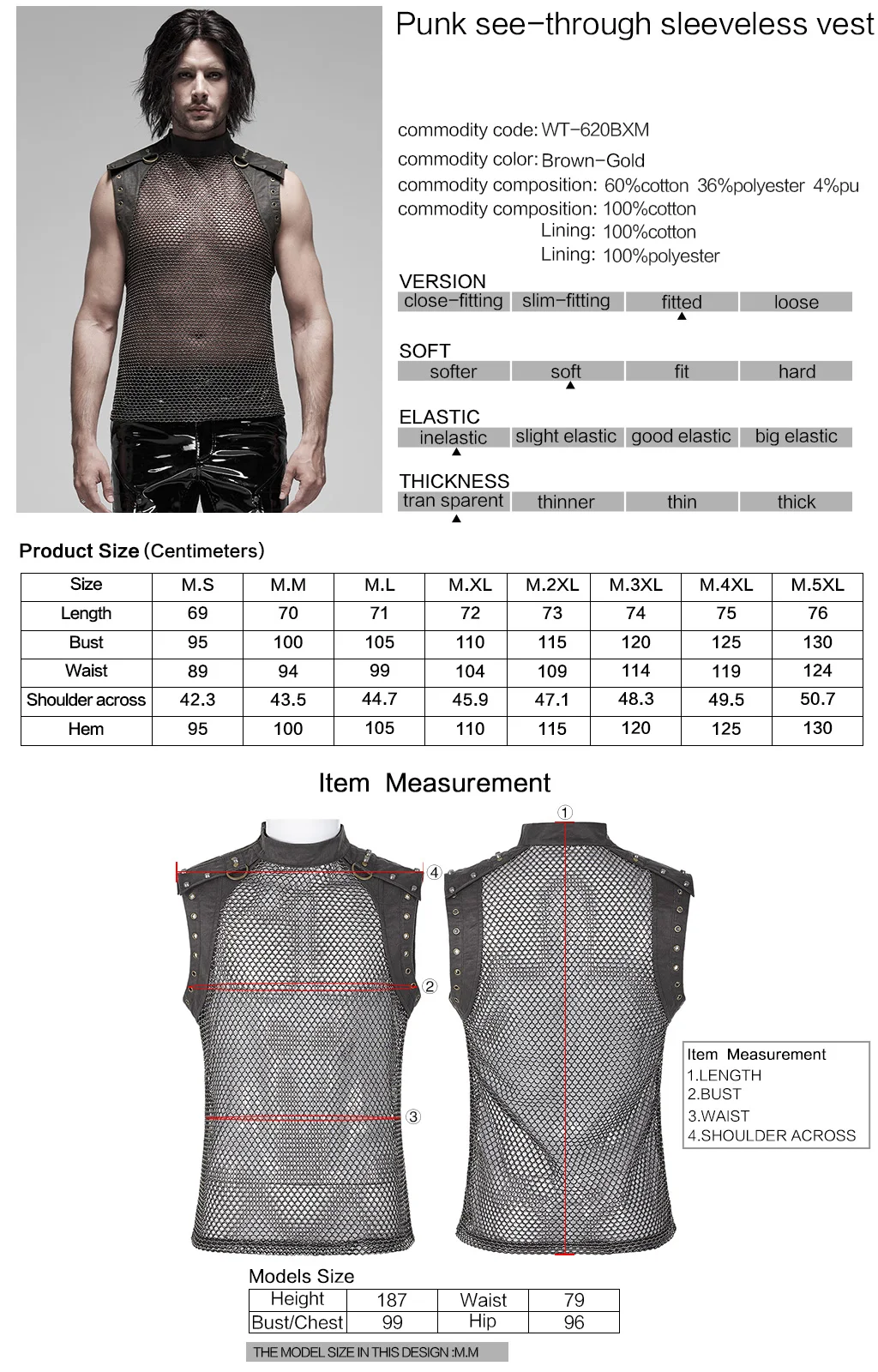 

PUNK RAVE Men's Punk See-through Sexy Sleeveless Vest Non-elastic Mesh Fabric Slim Fit Pullover Waistcoat