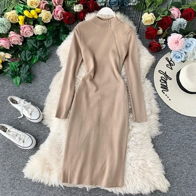 Осенне-зимнее женское платье-свитер с длинным рукавом эластичное трикотажное