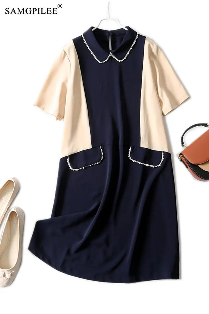 

Summer Clothes For Women 2021 New Office Lady A-line Patchwork Short Sleeve Peter Pan Collar Pocket Beaded Contrast Woman Dress