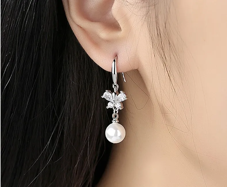 

5-6mm White Freshwater Pearl Drop Earrings for Women Oval Gemstone Pearl Zircon Earring 925 Sterling Silver Color Ear Jewelry