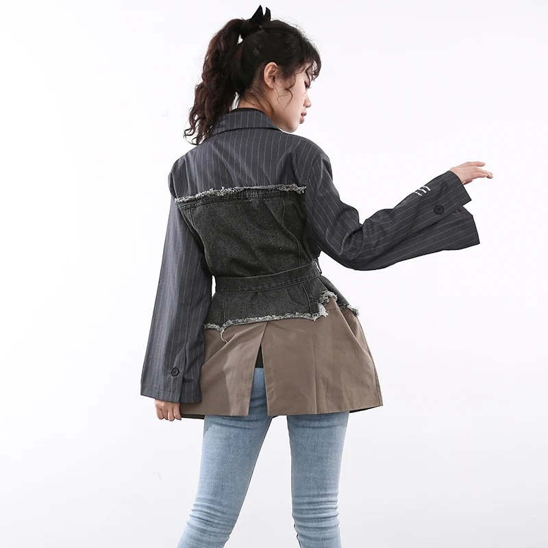 

[EAM] Women Striped Bandage Black Big Size Blazer New Lapel Long Sleeve Loose Fit Jacket Fashion Spring Autumn 2021 1DD455701