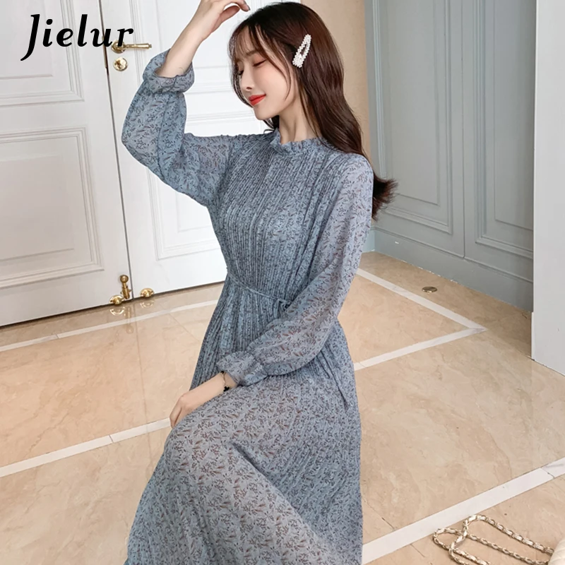 Jielur осень 2019 абрикосовое синее Цветочное платье женское со стоячим воротником