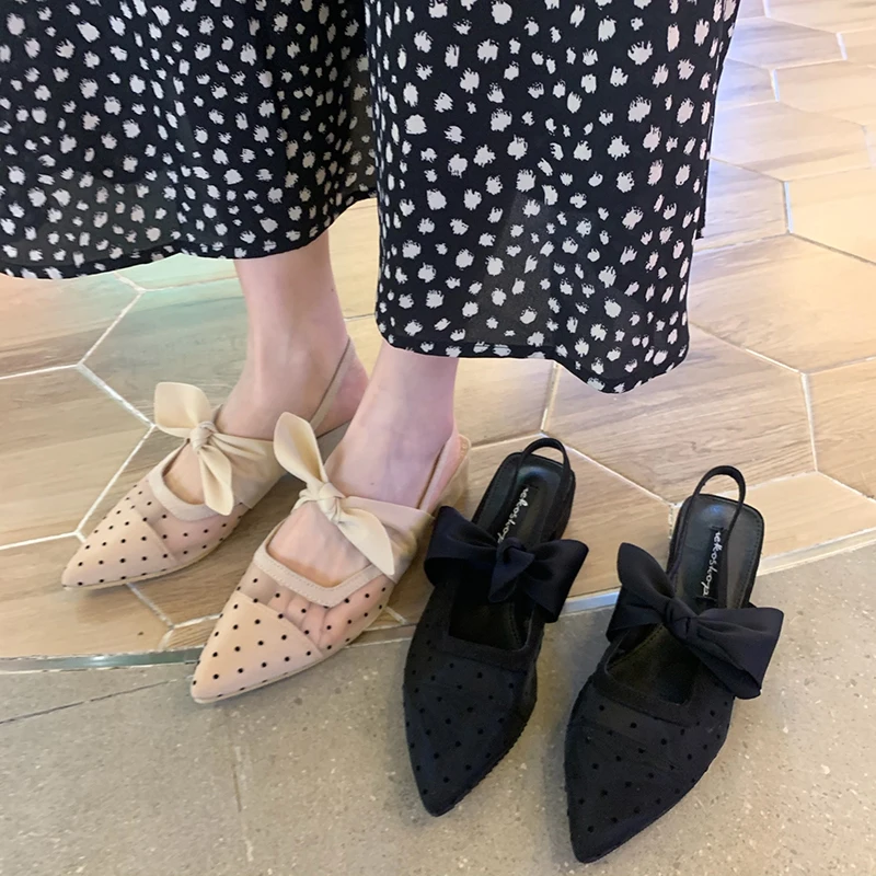 

Little fairy sister sneaker pointed retro mesh gauze polka dot back drawstring bow low heel ladies shoes summer spring sandal