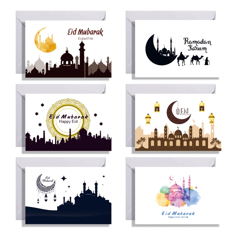

6 цветов Ассорти лайсеров Bairam Eid Mubarak поздравительные открытки с конвертами внутри для мусульманских исламистов