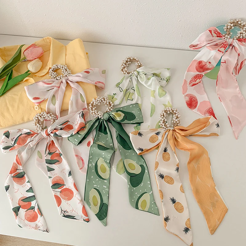 

New Korean Ribbon Pearl Scrunchies Fruit Printed Chiffon Streamers Hair Rope Elastic Hair Bands Fashion Sweet Hair Accessories