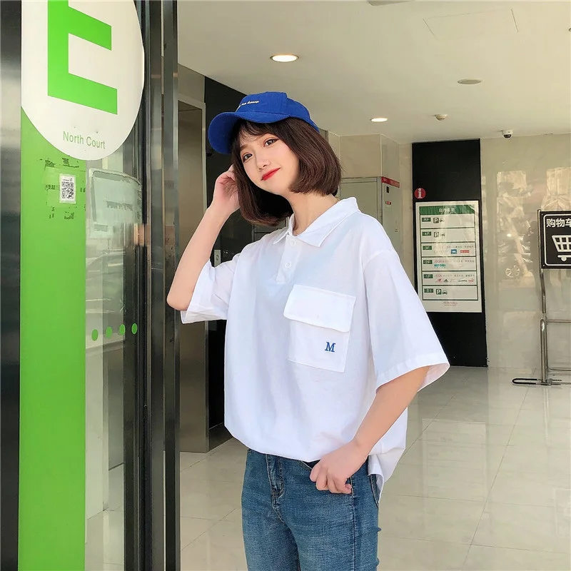 2020 летняя хлопковая белая рубашка женская поло с коротким рукавом и отложным