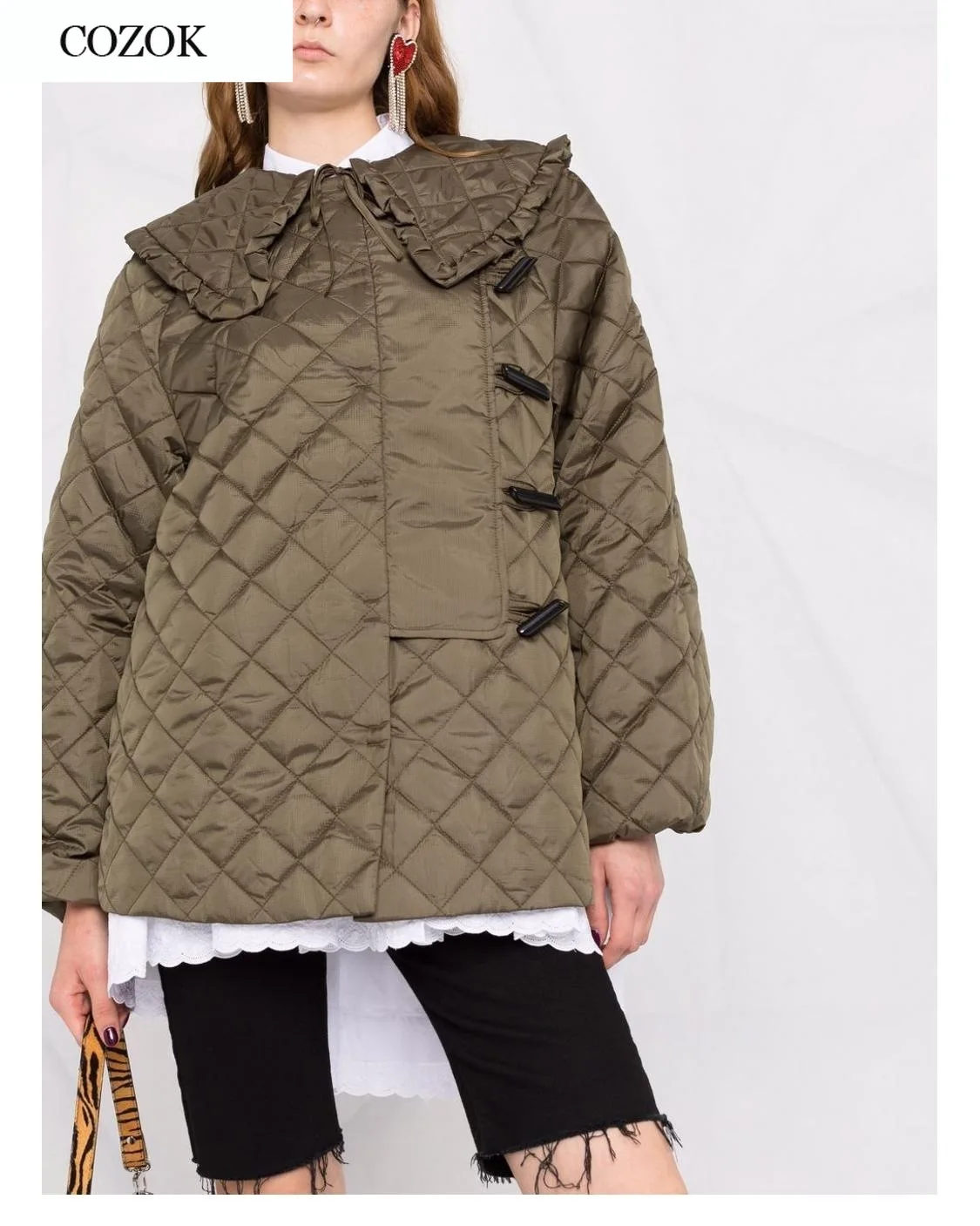 Women Parkas 2021 Nordic Women Black Loose Double-breasted Ruffle Check Lapel Jacket