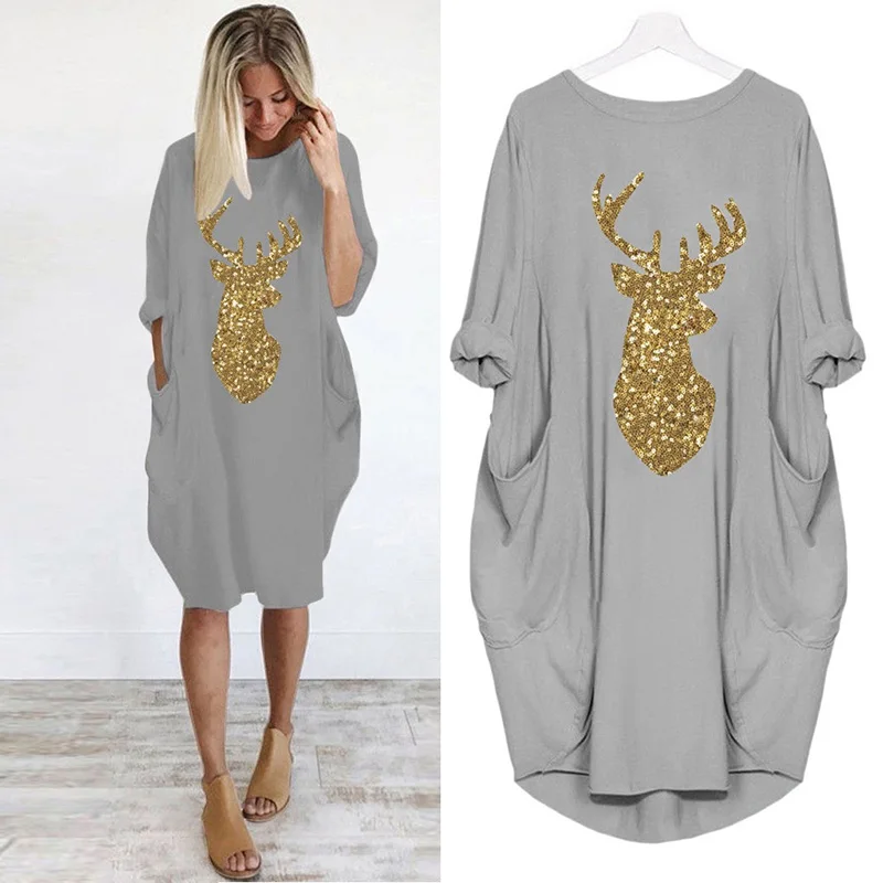 

Kawaii Sequins Elk Print Dress Christmas Women Knee-Length Plus Size Loose Long Sleeve Harajuku Dresses Navidad Party Robes