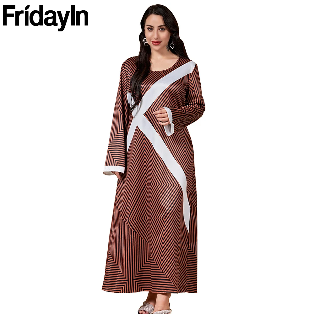 

Fridayin Abraic O- Neck Patchwork Geometric Long Dress Long Sleeve Autumn Comfort Viscose Print Arab Clothing