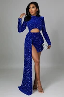 long ribbon shiny gown glitter sequins hollow out turtleneck slit spring sexy party prom evening mini dress for women 2022 new