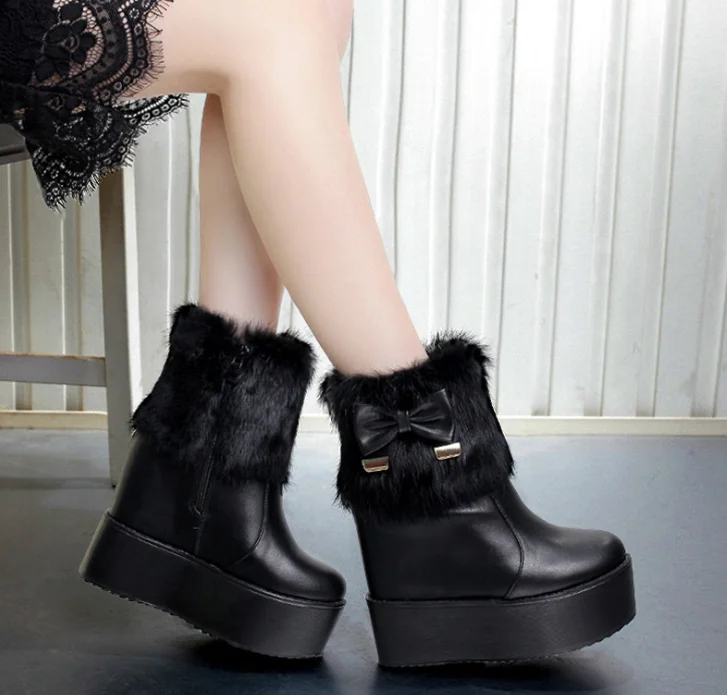 

Female HOT Women Boots Winter Faux Fur Fashion Wedges Heels Shoes Woman Platform Warm Snow Luxury Ladies Ankle Black Footwears