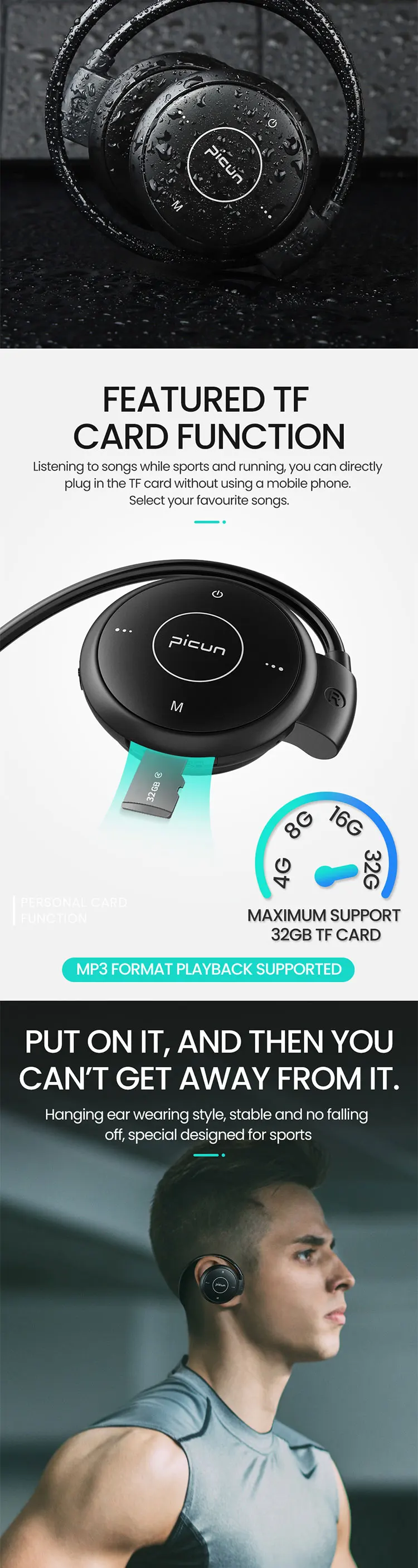 Picun T6, ушные крючки, беспроводные Bluetooth наушники, спортивная водонепроницаемая гарнитура, MP3, FM наушники с шумоподавлением, поддержка TF карты