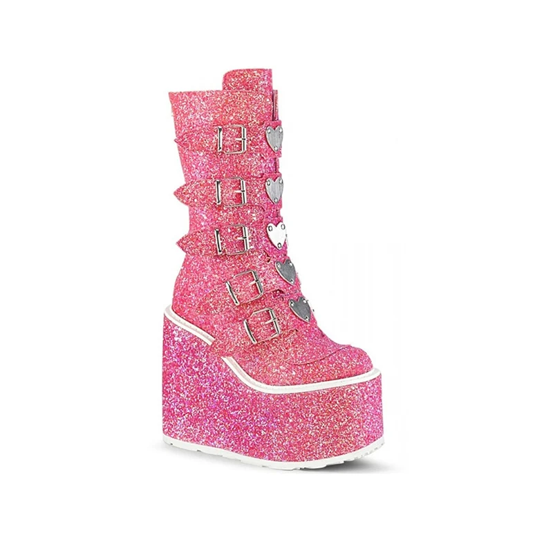 

Яркие женские ботинки-мартинсы до середины икры, роскошные дизайнерские рыцарские ботинки на очень высокой платформе с металлическим реме...