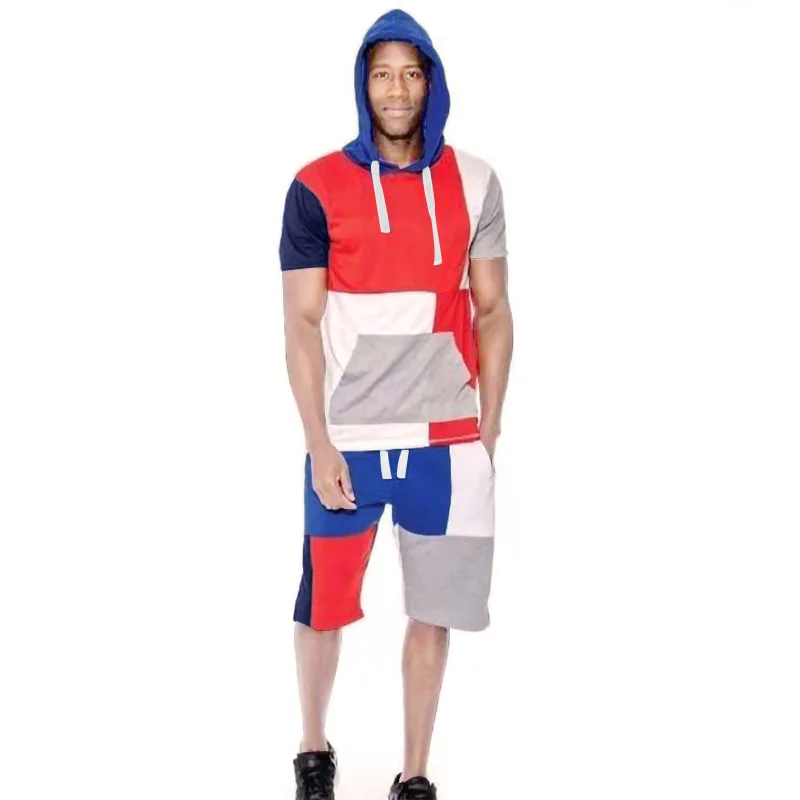 

2021 summer foreign trade new men's and teenagers color matching sports and leisure fashion hooded short sleeve men's suit