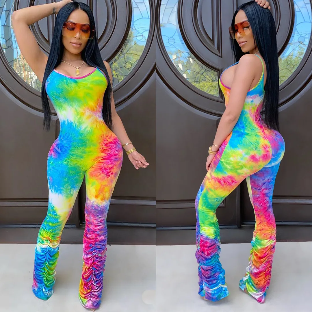 

Summer Backless Skinny Playsuit Rainbow Tie Dye Sexy One Piece Overalls for Women Strap Ruched Elegant Ladies Jumpsuit