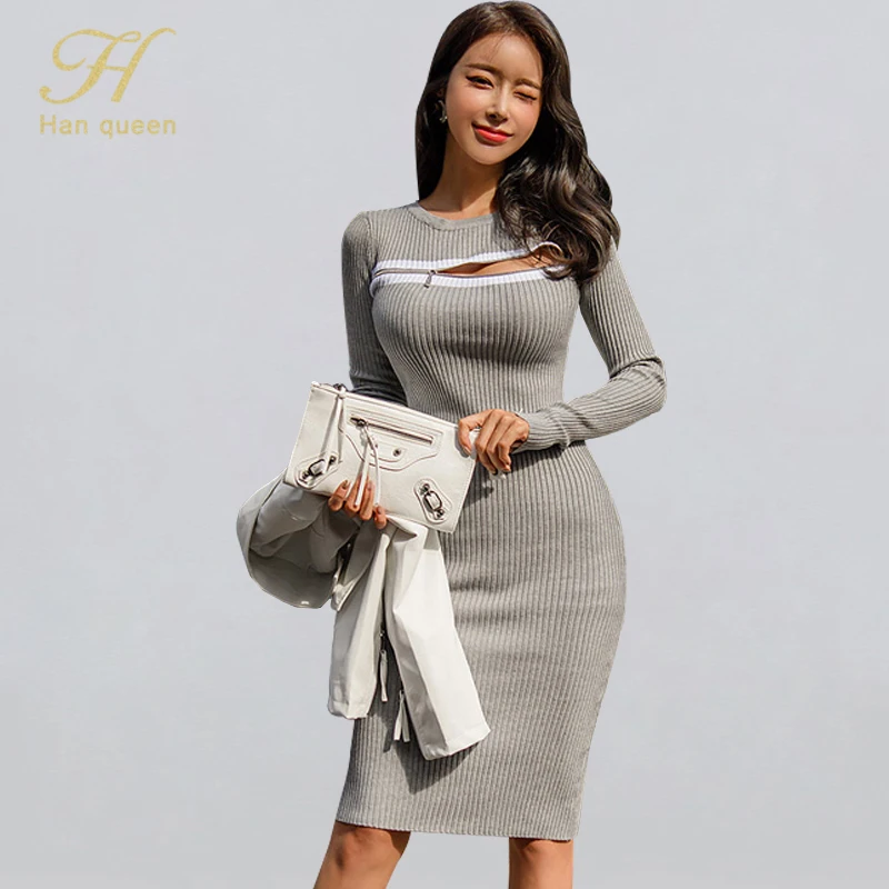 H Хан королева осень-зима Knit Sexy облегающие джинсы-карандаши голубого цвета платье