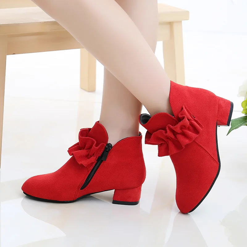 

2021 New Fashion High Heel Children Shoes For Girls Flower Autumn Leather Boots Ankle Kids Boots 4 5 6 7 8 9 10 11 12 Year Old