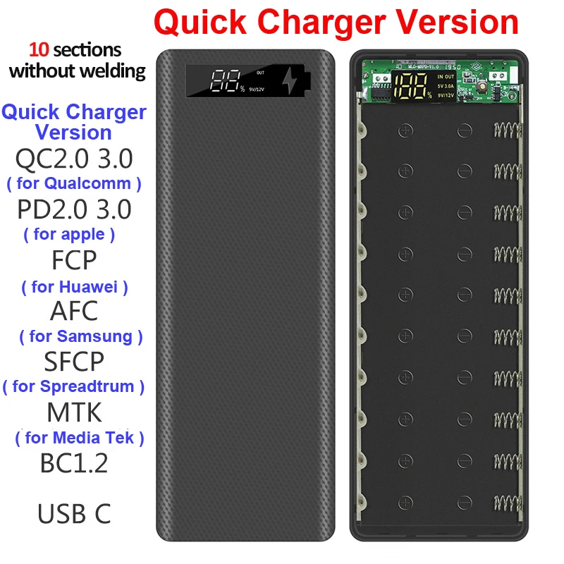 

Welding Free 10*18650 Battery Storage Box PD QC3.0 Quick Charge USB Fast Charging Power Bank Case DIY 18650 Battery Holder Box